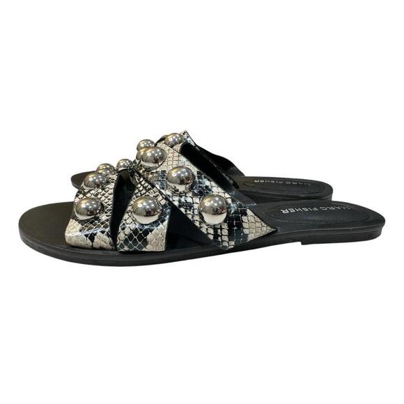 Marc Fisher Bryte Embellished Snakeskin Slide Sandals 9M Studded Strappy Casual - Picture 1 of 6